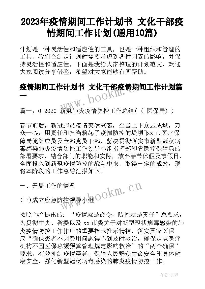 2023年疫情期间工作计划书 文化干部疫情期间工作计划(通用10篇)