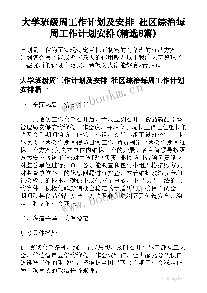 大学班级周工作计划及安排 社区综治每周工作计划安排(精选8篇)