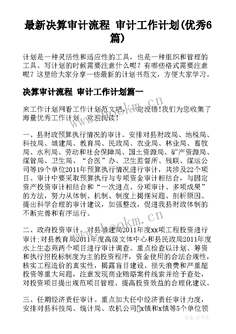 最新决算审计流程 审计工作计划(优秀6篇)