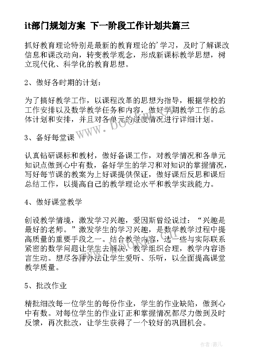 it部门规划方案 下一阶段工作计划共(优质10篇)