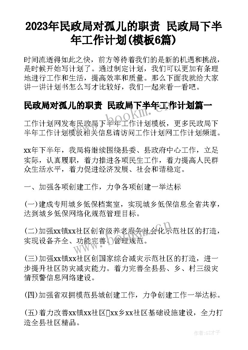 2023年民政局对孤儿的职责 民政局下半年工作计划(模板6篇)