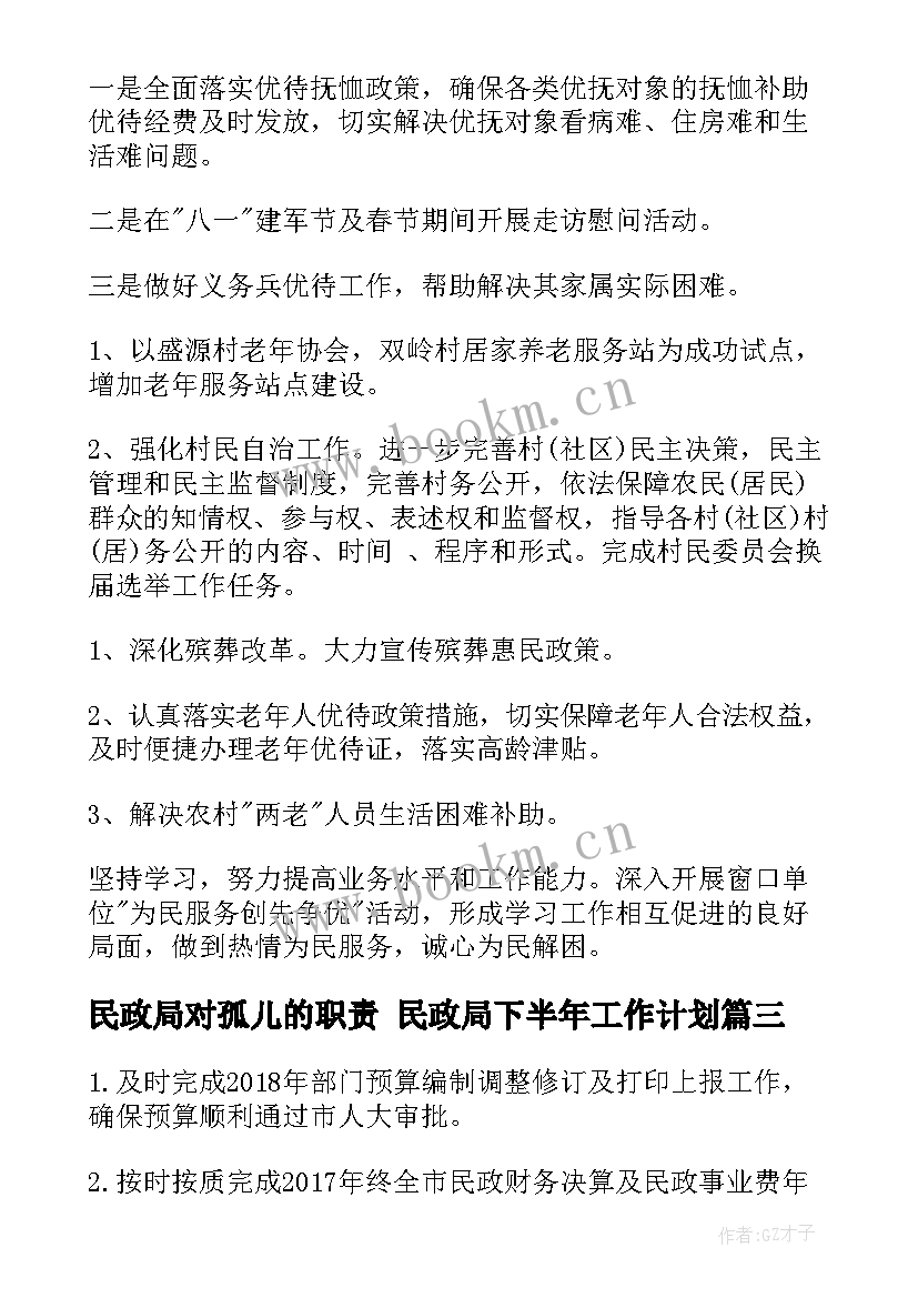 2023年民政局对孤儿的职责 民政局下半年工作计划(模板6篇)