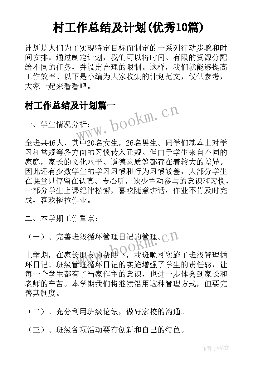 村工作总结及计划(优秀10篇)