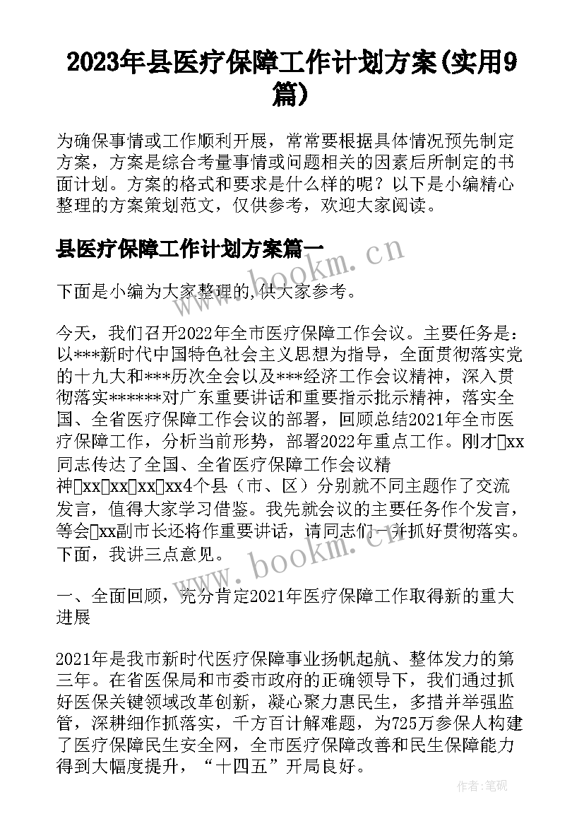 2023年县医疗保障工作计划方案(实用9篇)