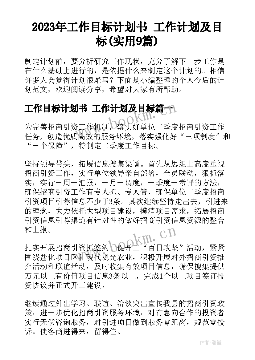 2023年工作目标计划书 工作计划及目标(实用9篇)