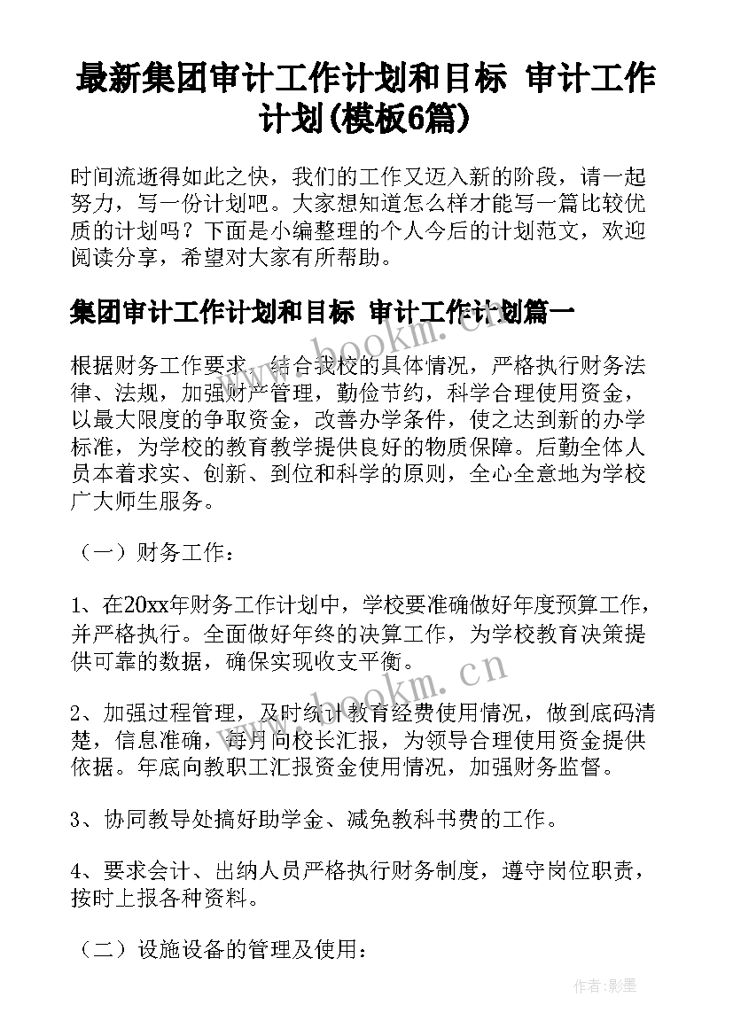 最新集团审计工作计划和目标 审计工作计划(模板6篇)