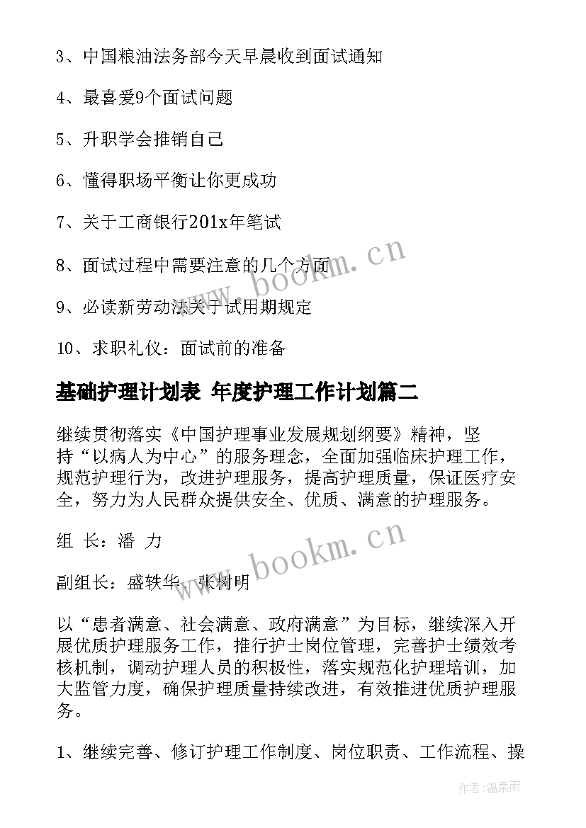 基础护理计划表 年度护理工作计划(汇总10篇)