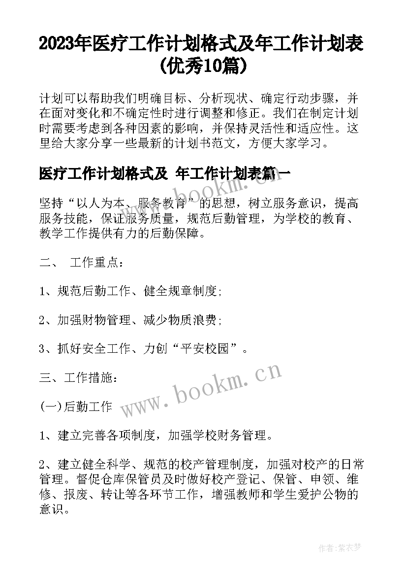 2023年医疗工作计划格式及 年工作计划表(优秀10篇)