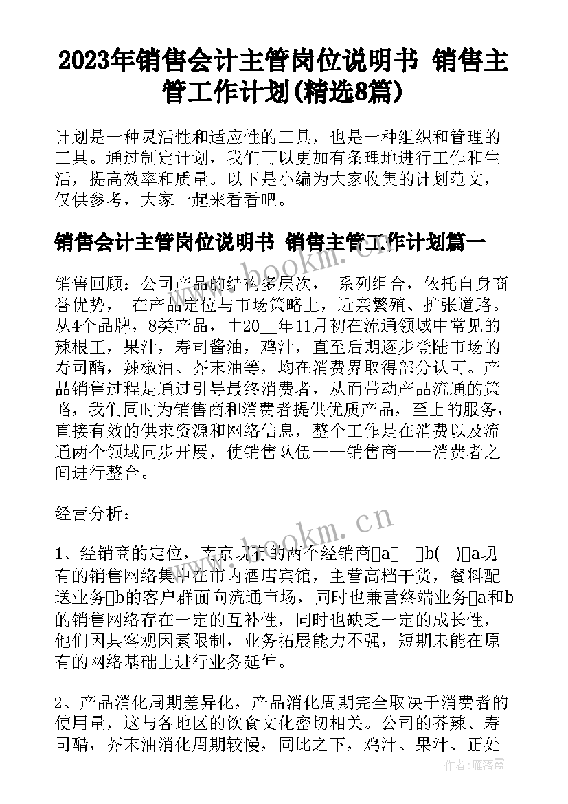 2023年销售会计主管岗位说明书 销售主管工作计划(精选8篇)