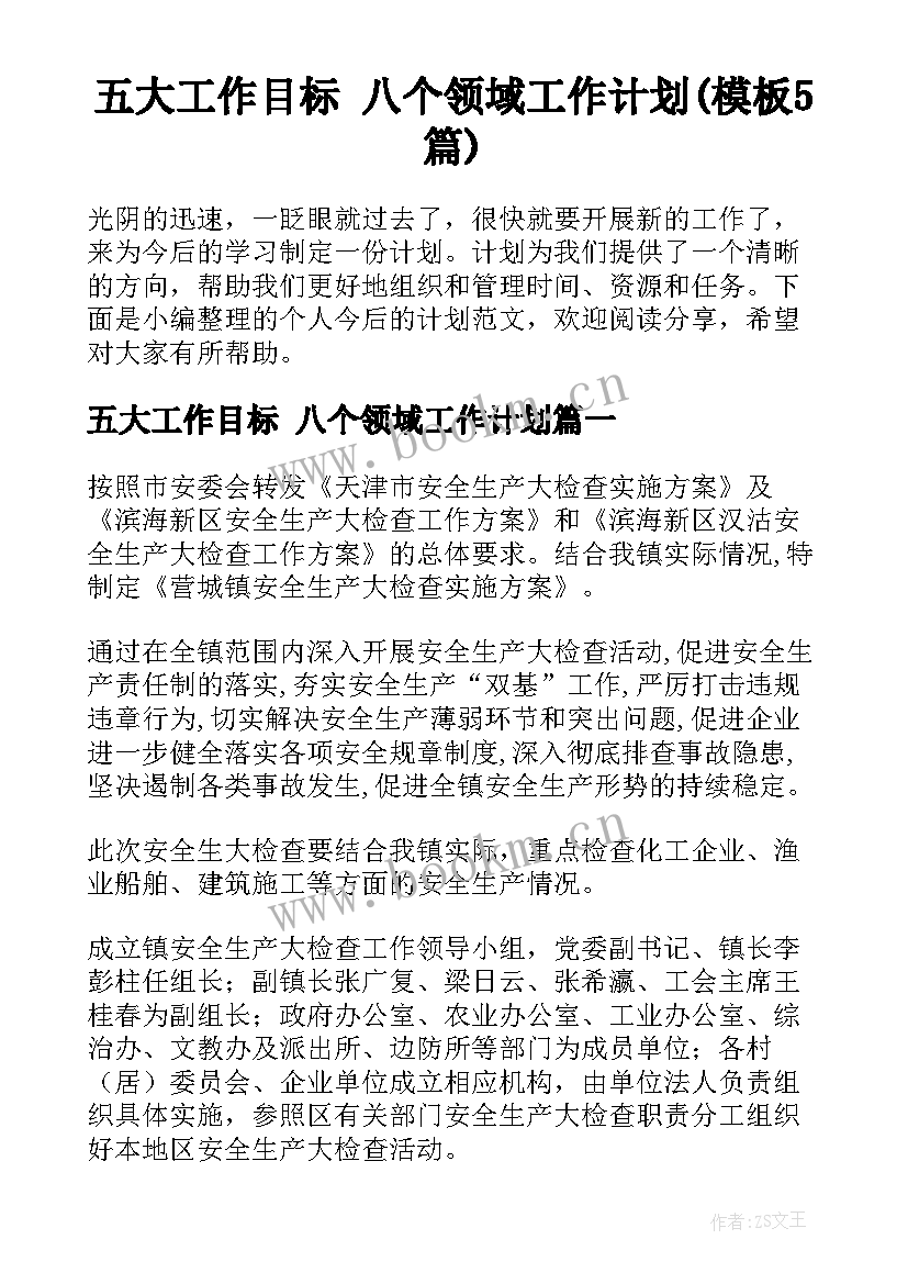 五大工作目标 八个领域工作计划(模板5篇)