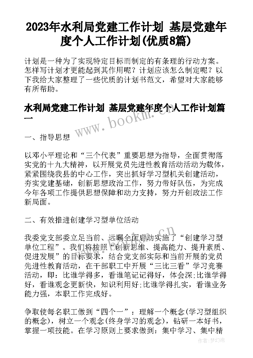 2023年水利局党建工作计划 基层党建年度个人工作计划(优质8篇)