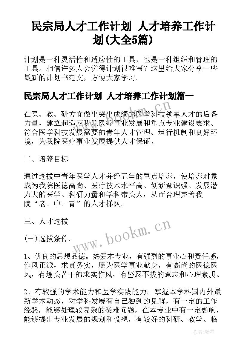 民宗局人才工作计划 人才培养工作计划(大全5篇)