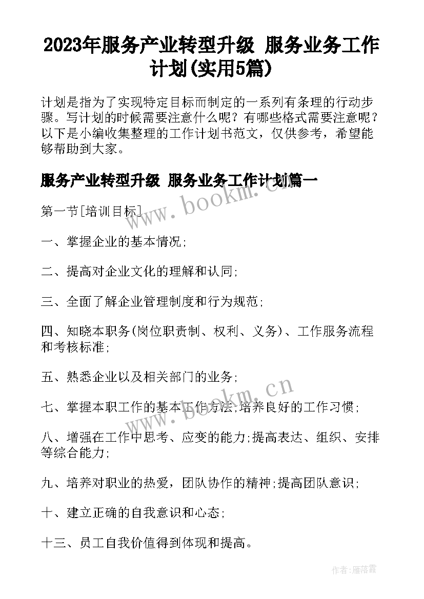 2023年服务产业转型升级 服务业务工作计划(实用5篇)