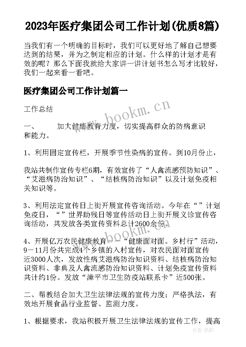 2023年医疗集团公司工作计划(优质8篇)