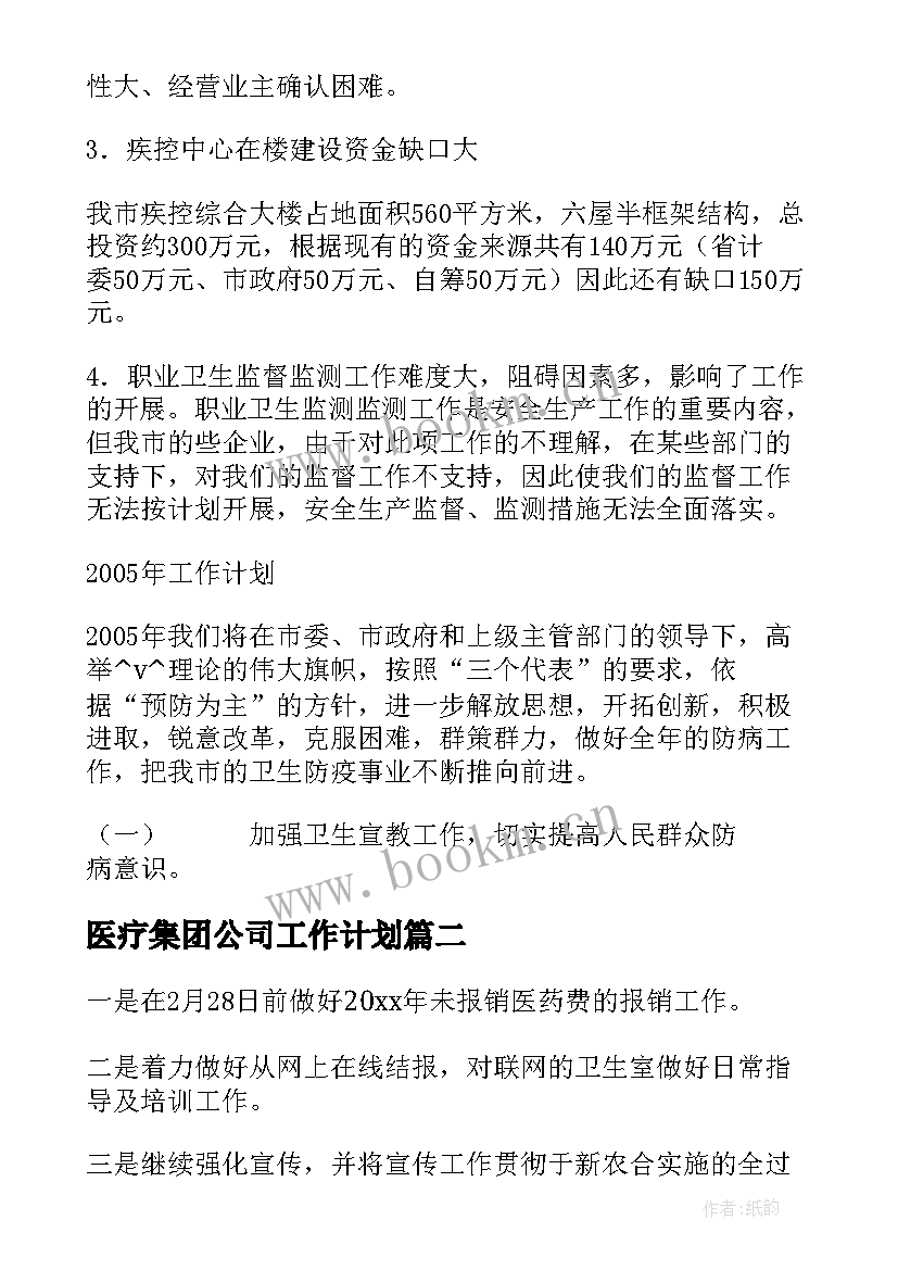 2023年医疗集团公司工作计划(优质8篇)