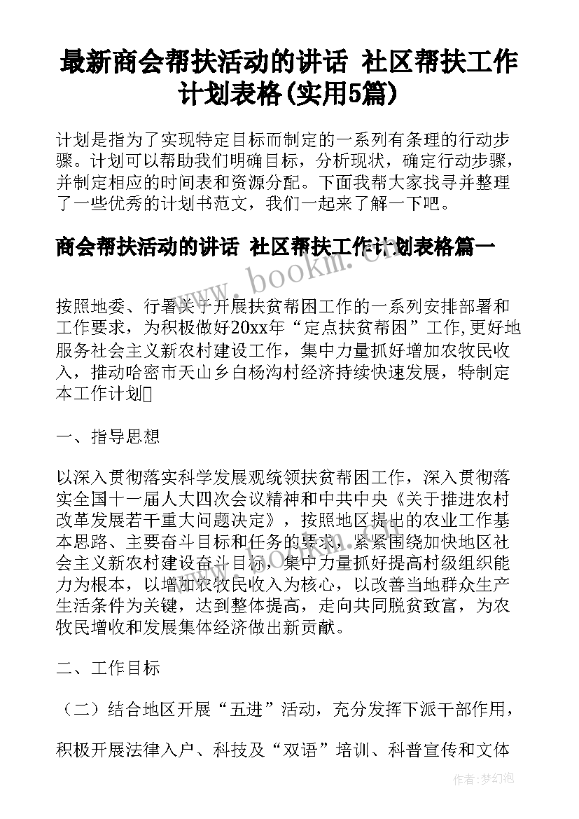 最新商会帮扶活动的讲话 社区帮扶工作计划表格(实用5篇)