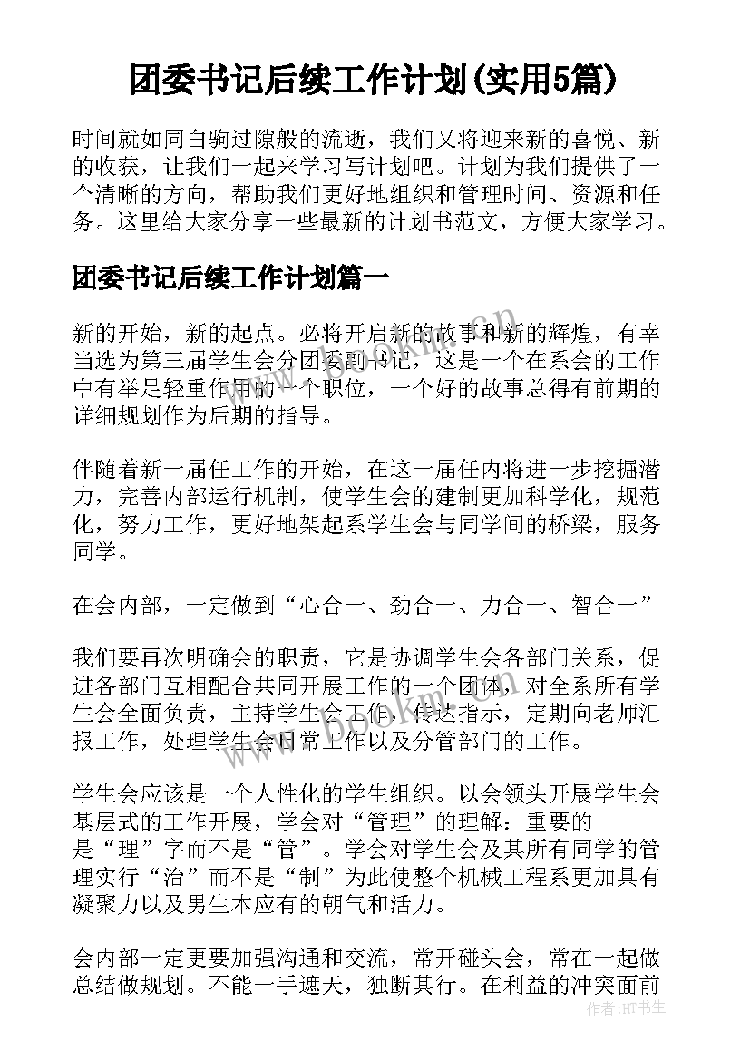 团委书记后续工作计划(实用5篇)