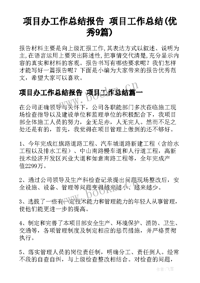 项目办工作总结报告 项目工作总结(优秀9篇)