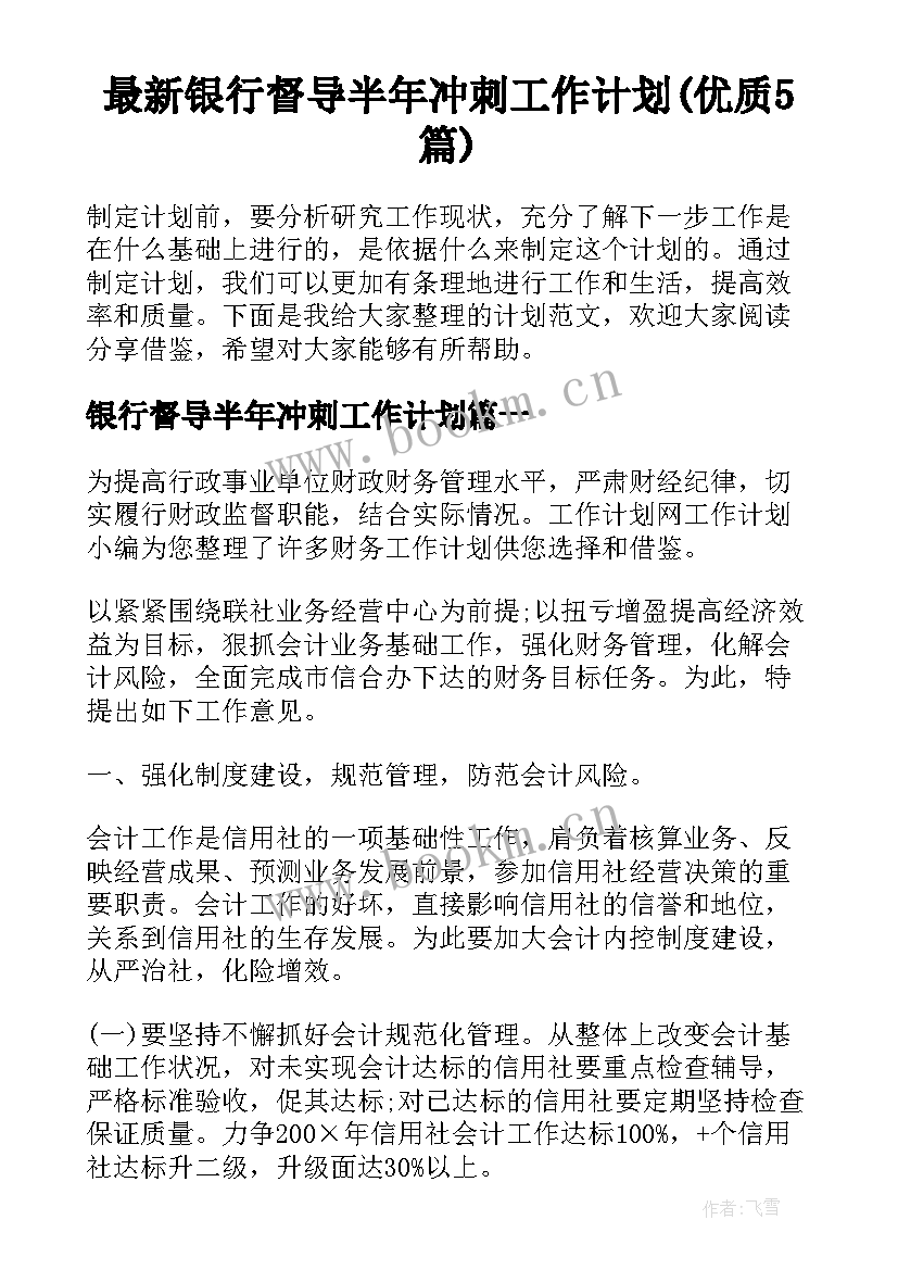 最新银行督导半年冲刺工作计划(优质5篇)