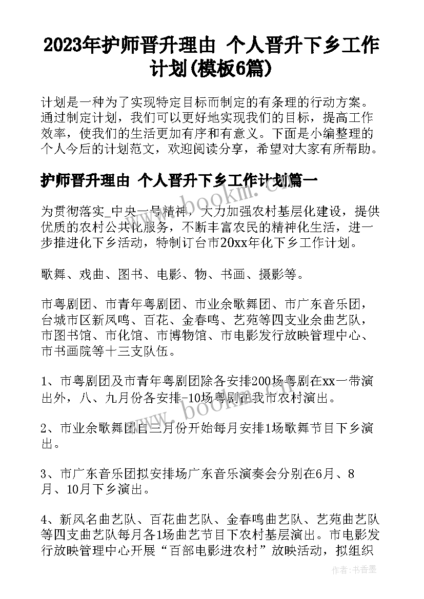 2023年护师晋升理由 个人晋升下乡工作计划(模板6篇)