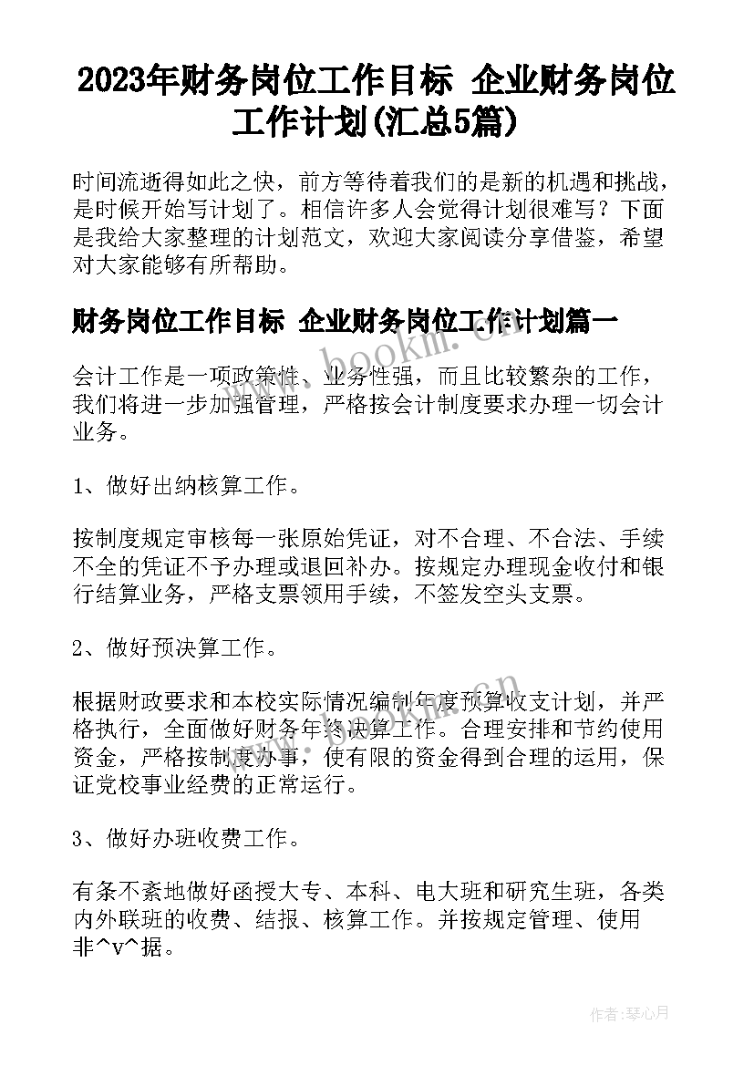 2023年财务岗位工作目标 企业财务岗位工作计划(汇总5篇)