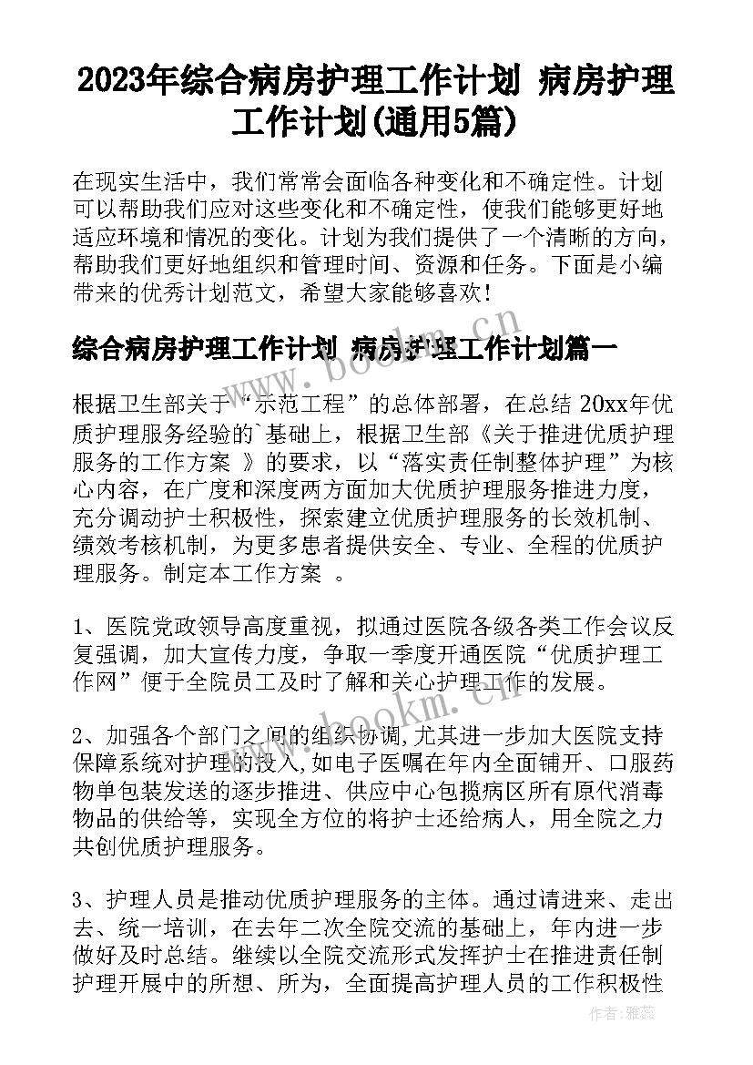 2023年综合病房护理工作计划 病房护理工作计划(通用5篇)