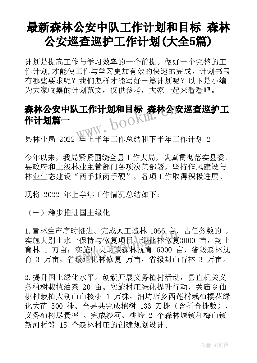 最新森林公安中队工作计划和目标 森林公安巡查巡护工作计划(大全5篇)