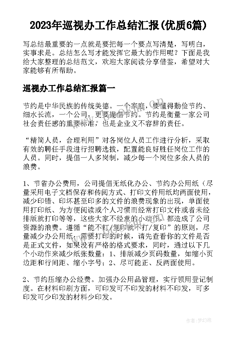 2023年巡视办工作总结汇报(优质6篇)