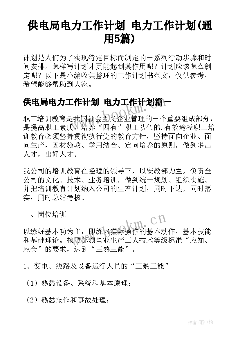 供电局电力工作计划 电力工作计划(通用5篇)