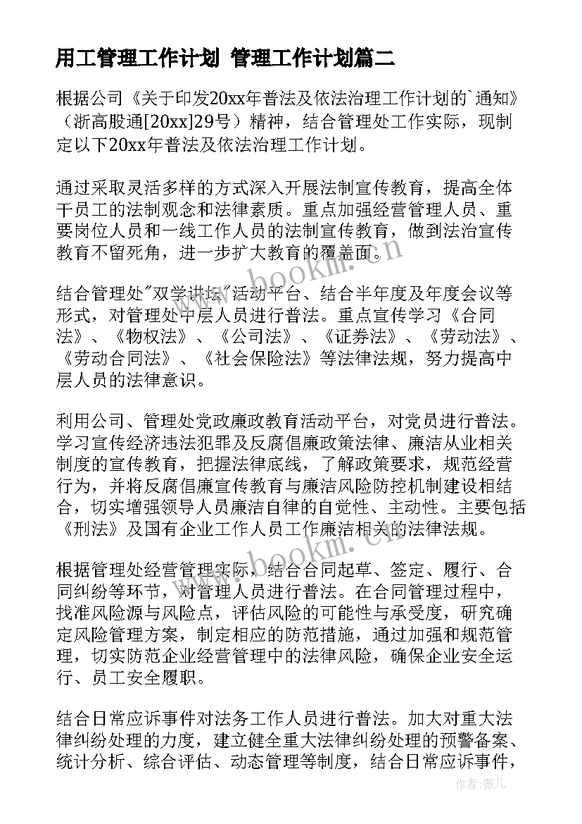 用工管理工作计划 管理工作计划(模板6篇)