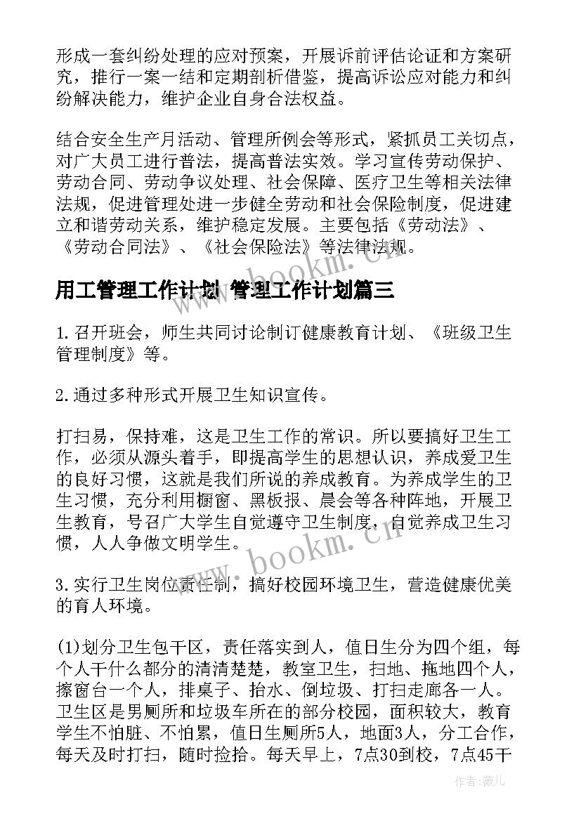 用工管理工作计划 管理工作计划(模板6篇)