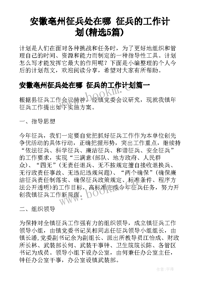 安徽亳州征兵处在哪 征兵的工作计划(精选5篇)