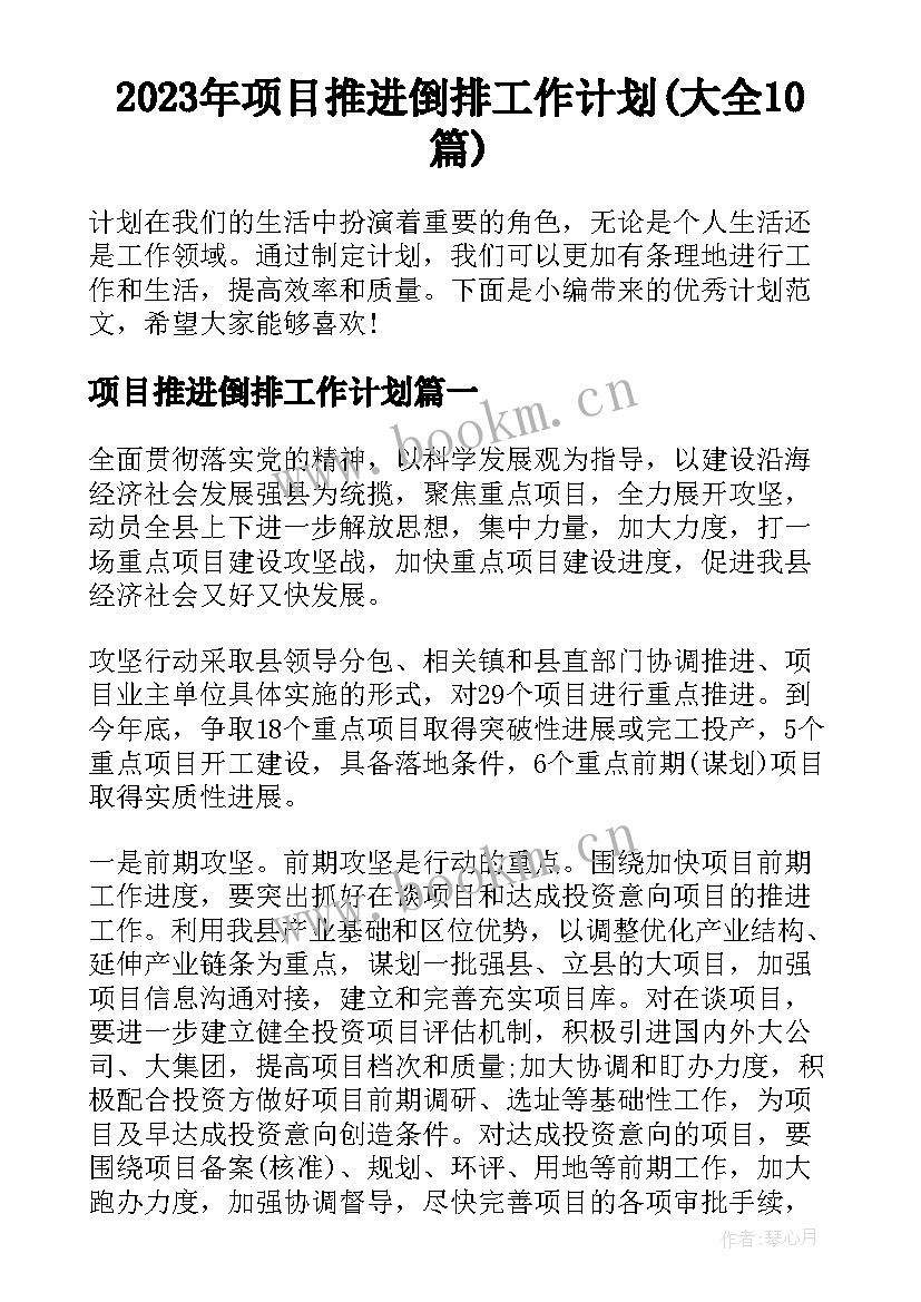 2023年项目推进倒排工作计划(大全10篇)