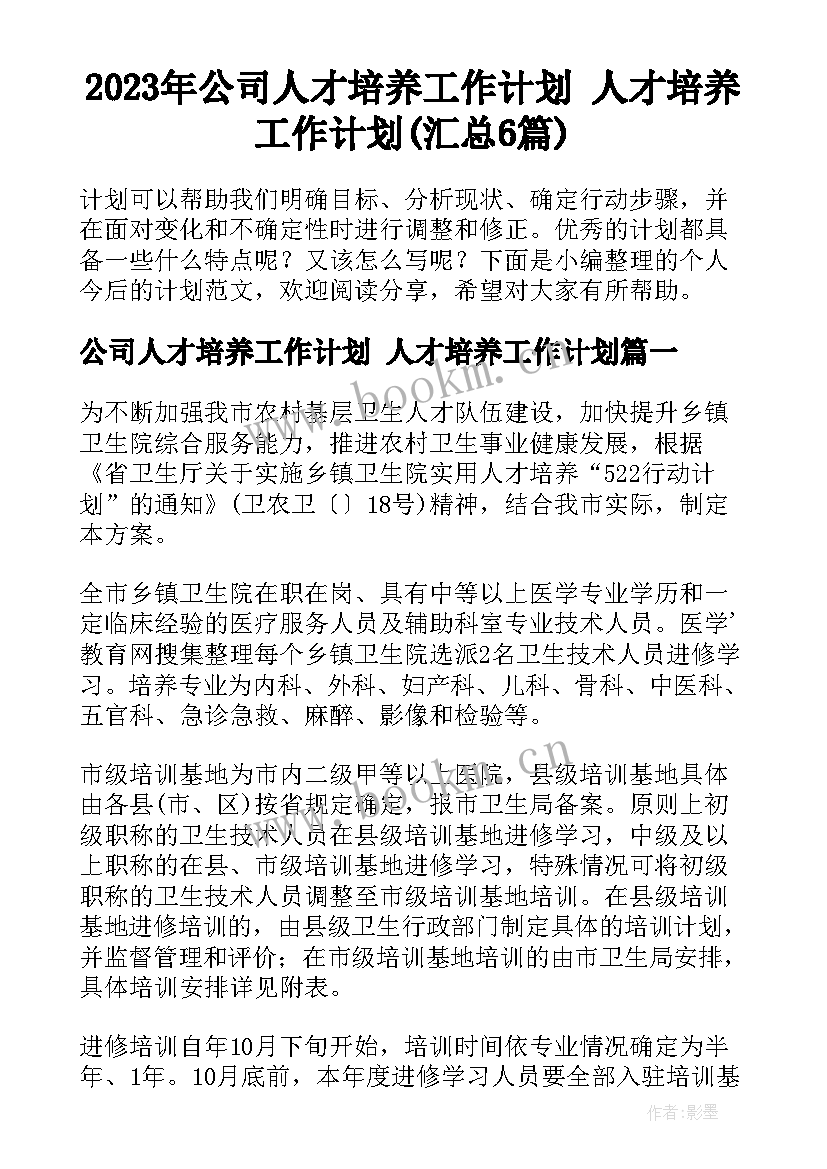 2023年公司人才培养工作计划 人才培养工作计划(汇总6篇)