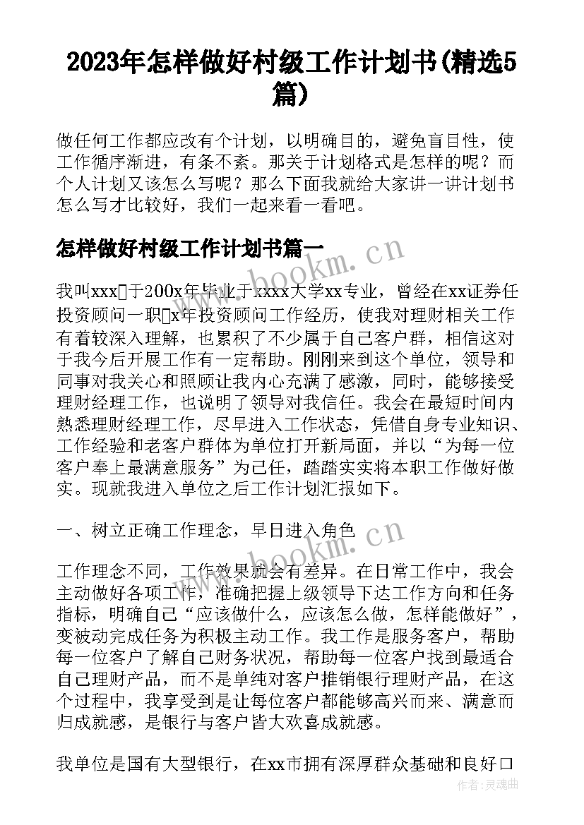 2023年怎样做好村级工作计划书(精选5篇)