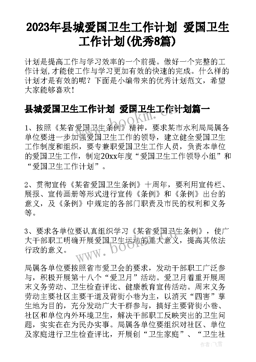 2023年县城爱国卫生工作计划 爱国卫生工作计划(优秀8篇)