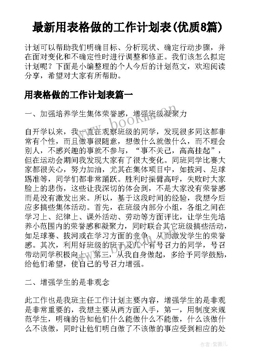 最新用表格做的工作计划表(优质8篇)