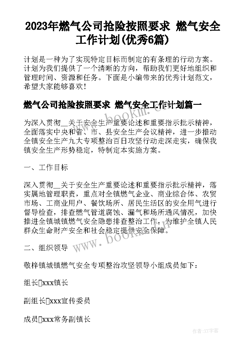 2023年燃气公司抢险按照要求 燃气安全工作计划(优秀6篇)