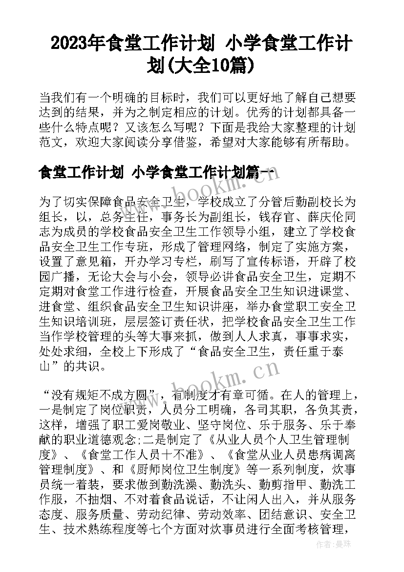 2023年食堂工作计划 小学食堂工作计划(大全10篇)