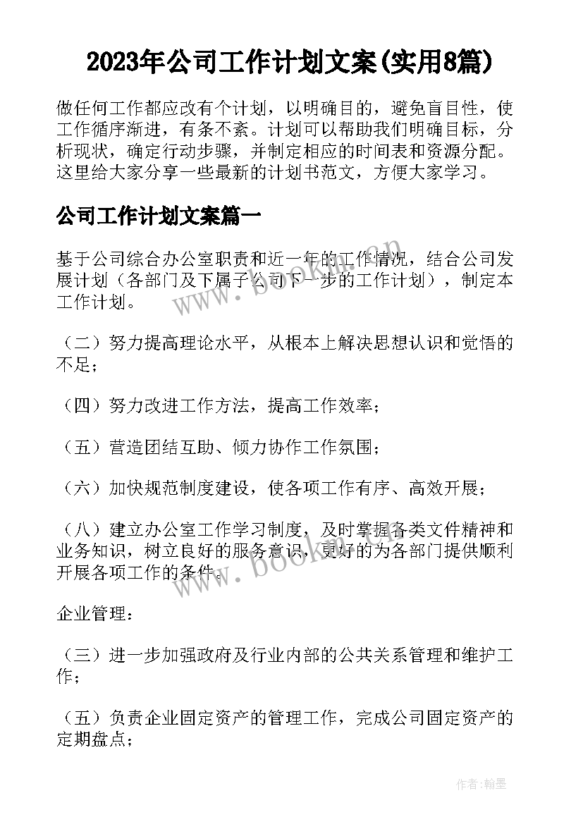 2023年公司工作计划文案(实用8篇)