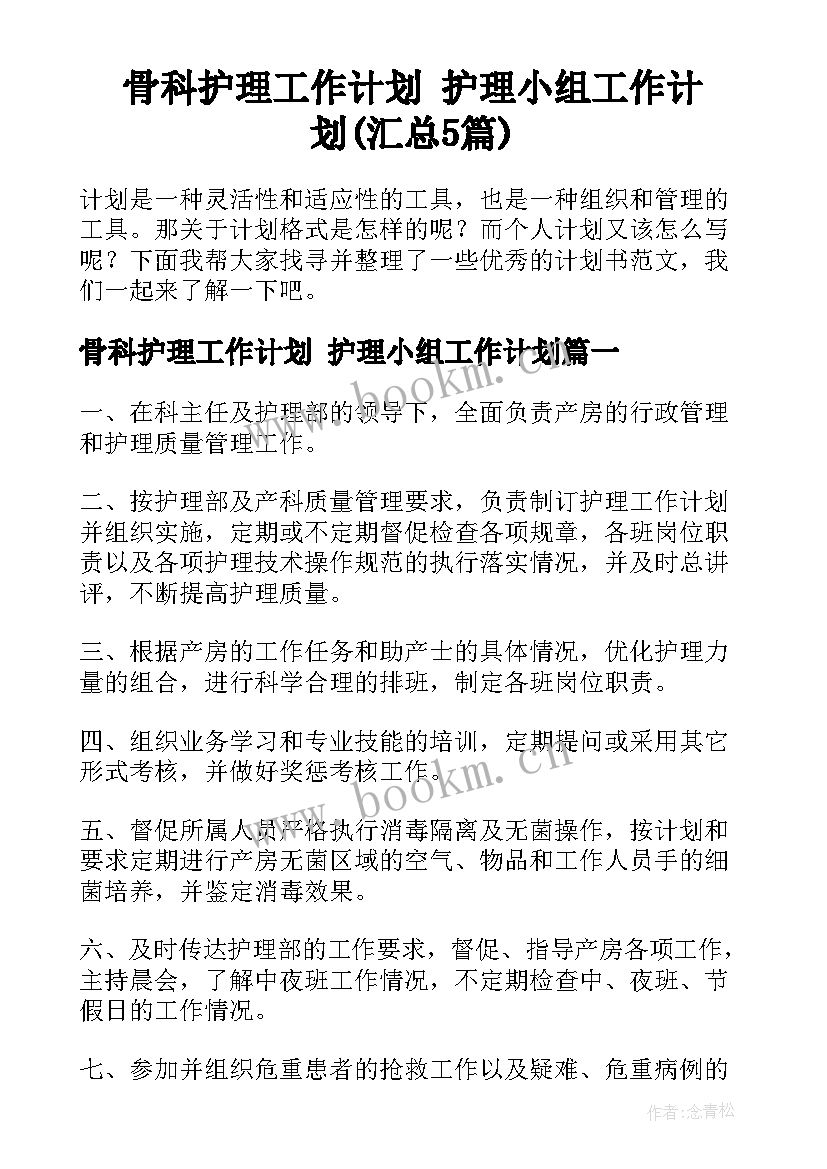 骨科护理工作计划 护理小组工作计划(汇总5篇)