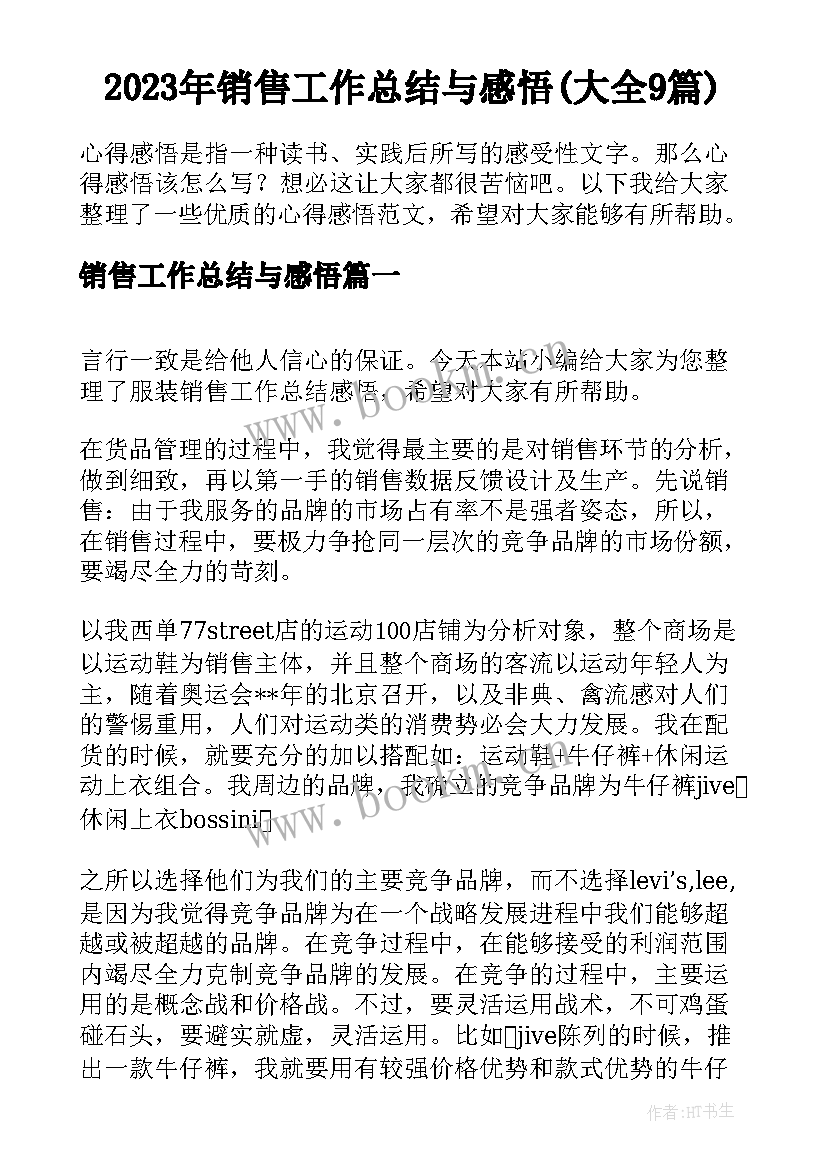 2023年销售工作总结与感悟(大全9篇)