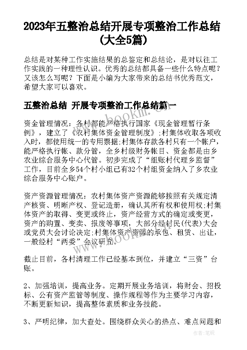 2023年五整治总结 开展专项整治工作总结(大全5篇)