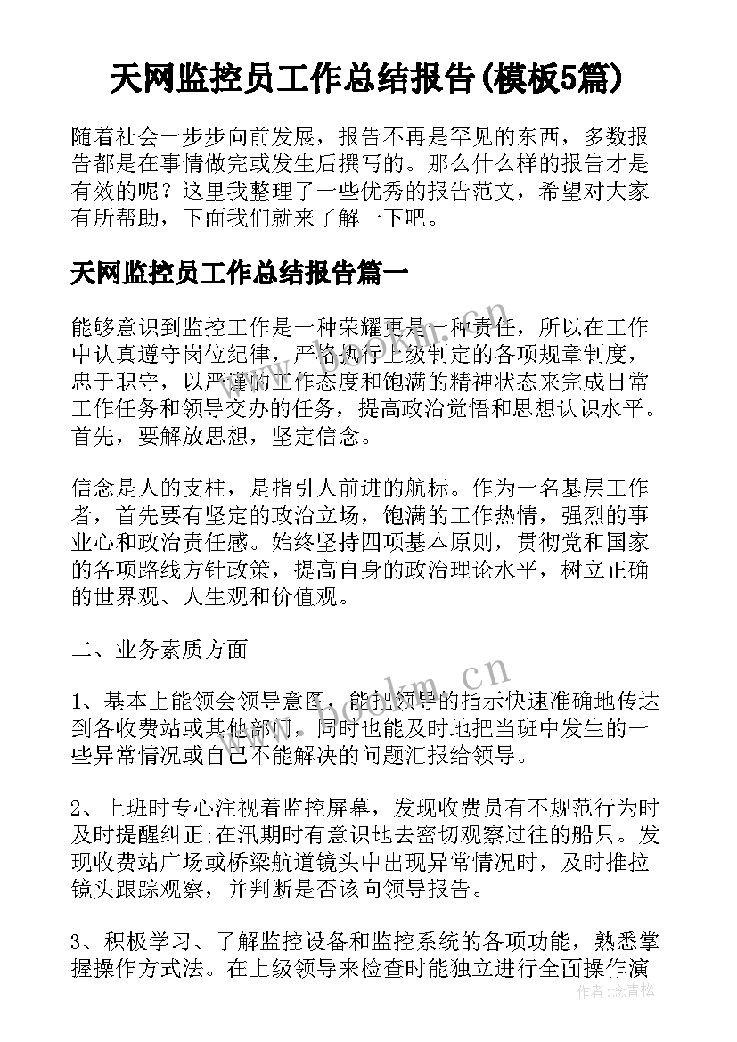 天网监控员工作总结报告(模板5篇)