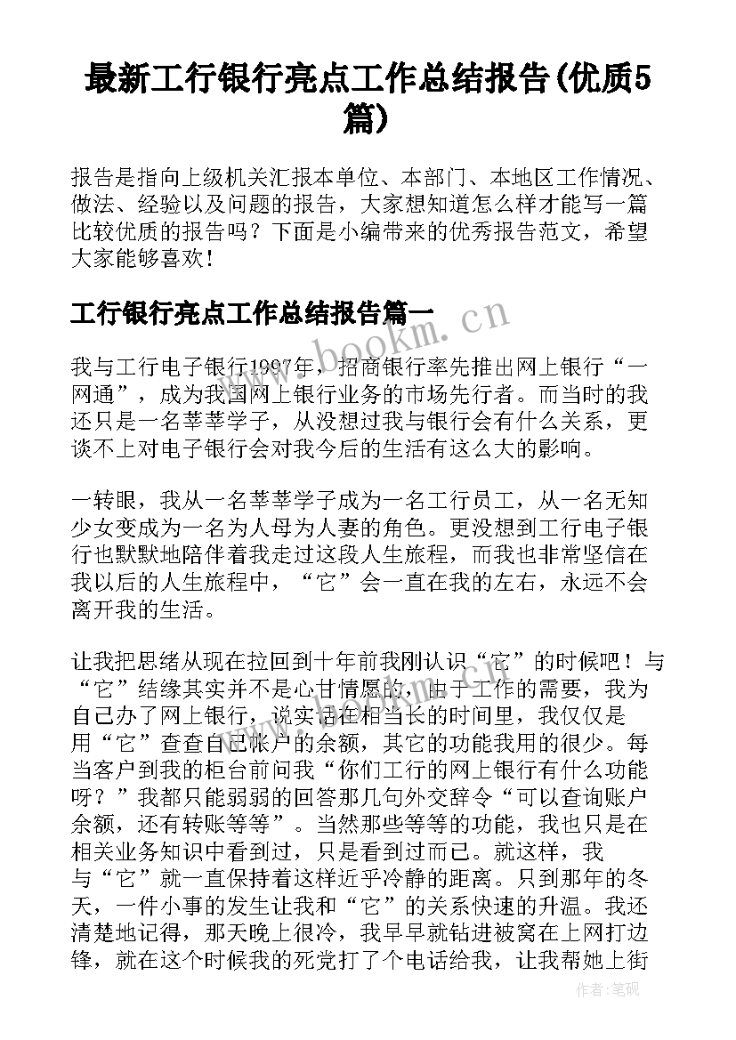 最新工行银行亮点工作总结报告(优质5篇)