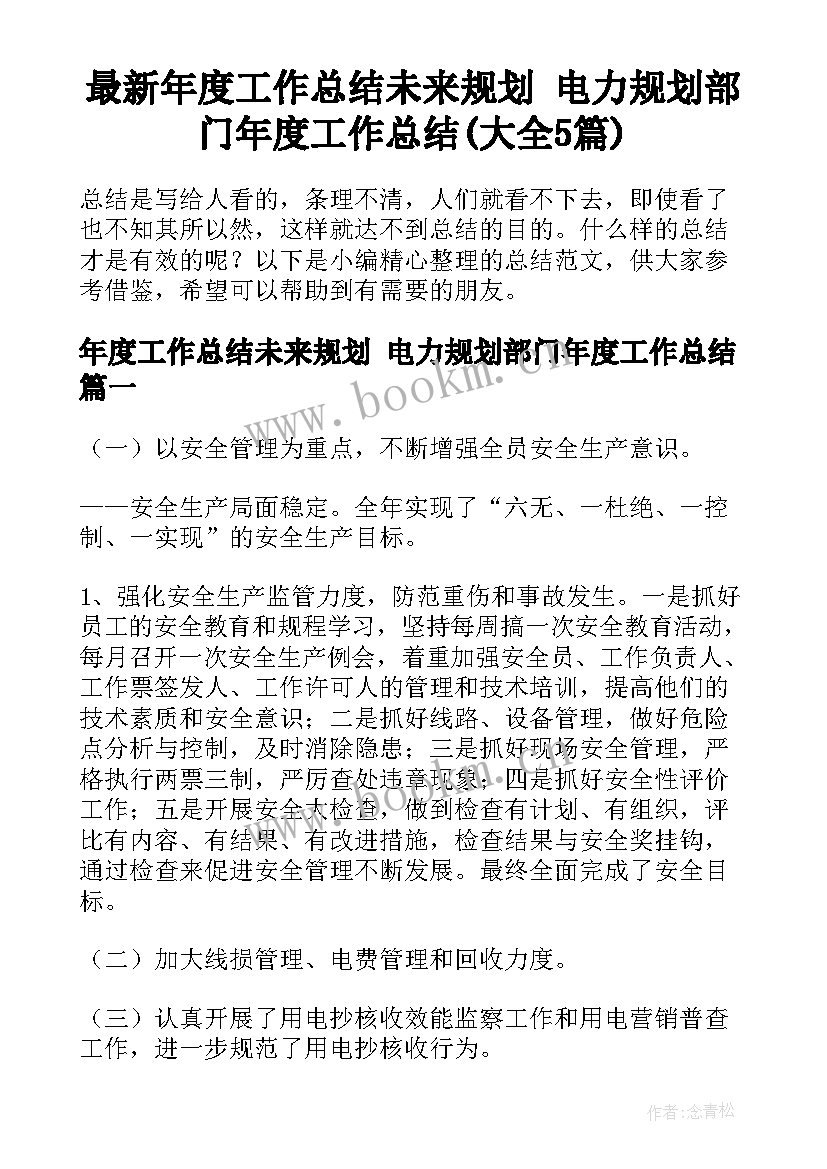 最新年度工作总结未来规划 电力规划部门年度工作总结(大全5篇)