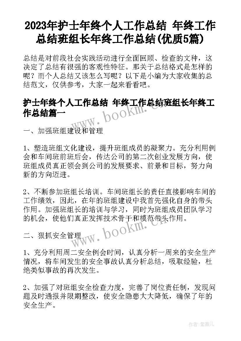 2023年护士年终个人工作总结 年终工作总结班组长年终工作总结(优质5篇)