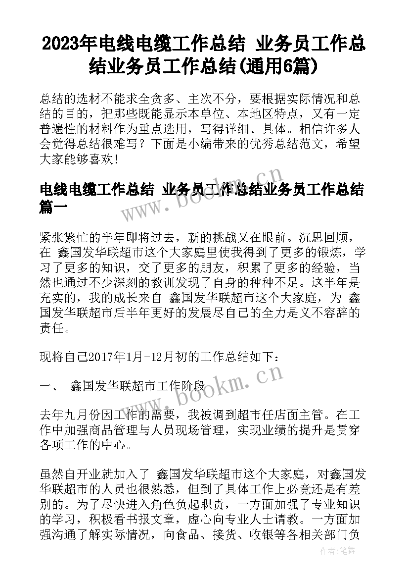 2023年电线电缆工作总结 业务员工作总结业务员工作总结(通用6篇)