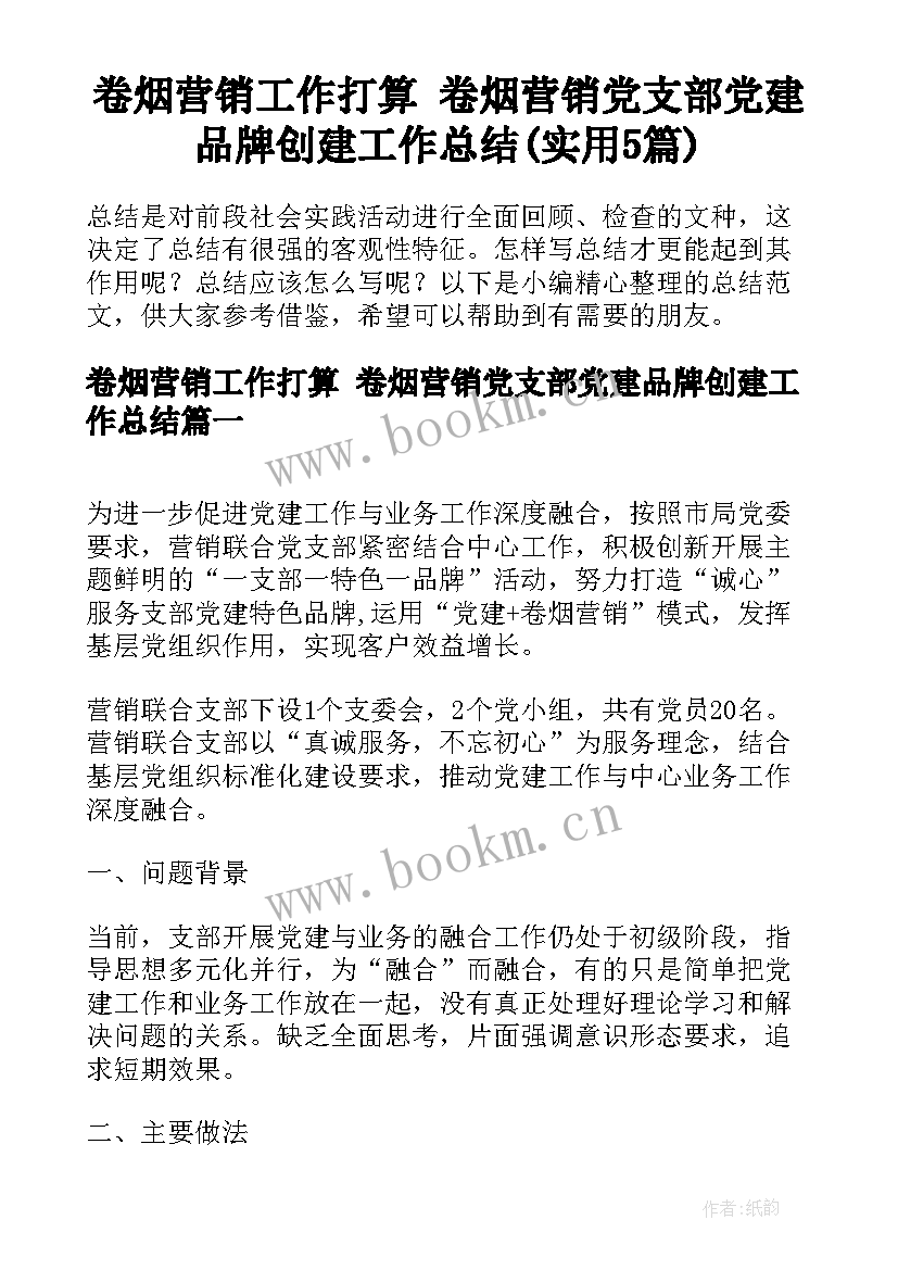 卷烟营销工作打算 卷烟营销党支部党建品牌创建工作总结(实用5篇)