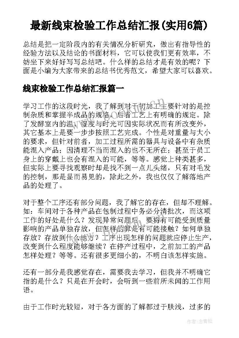 最新线束检验工作总结汇报(实用6篇)